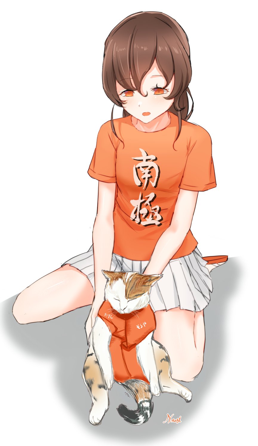 1girl, bad_id, bad_twitter_id, braid, brown_hair, cat, hair_between_eyes, highres