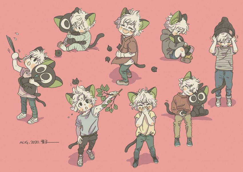 1boy, animal_ears, barefoot, black_footwear, black_headwear, black_pants, blue_shirt, blush, brown_shirt, cat_boy, cat_ears, cat_tail, covering_own_mouth, dated, grey_footwear, grey_hoodie, grey_pants, grey_shirt, hands_up, hat, highres, hood, hood_down, hoodie, luo_xiaohei, luo_xiaohei_(cat), luo_xiaohei_(human), luo_xiaohei_zhanji, mugi-co, multiple_views, pants, pink_background, pink_shirt, shadow, shirt, shoes, short_hair, short_sleeves, simple_background, striped_clothes, striped_pants, striped_shirt, stuffed_animal, stuffed_cat, stuffed_toy, tail, white_footwear, white_hair, yellow_shirt