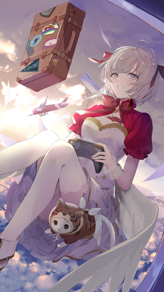 1girl, aircraft, airplane, animal_costume, animal_print, aozora_kurumi, blush, cat