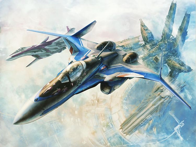 1boy, blue_eyes, blue_hair, canopy_(aircraft), flying, from_above, hayate_immelmann, macross