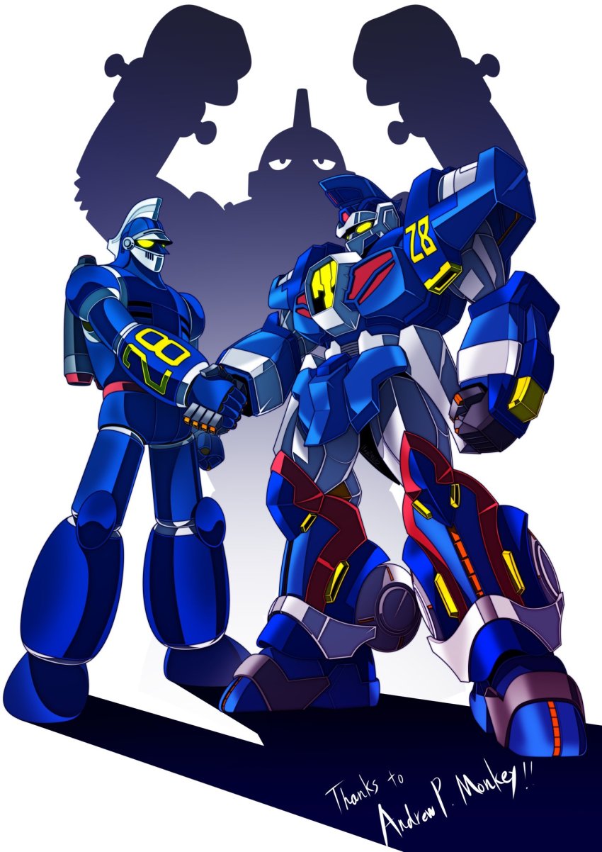 clenched_hand, clenched_hands, commission, handshake, heyzan, highres, mecha, no_humans