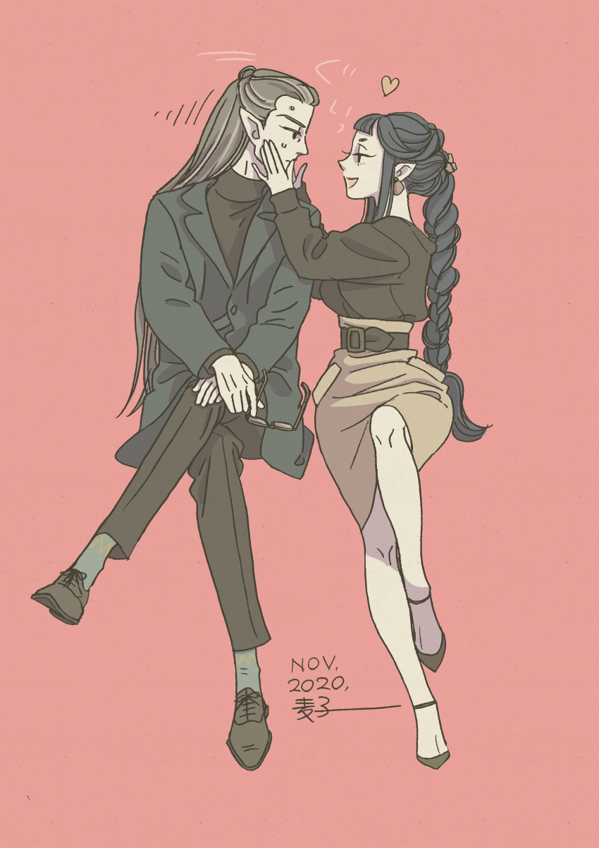 1boy, 1girl, absurdres, black_footwear, black_hair, black_pants, black_shirt, braid