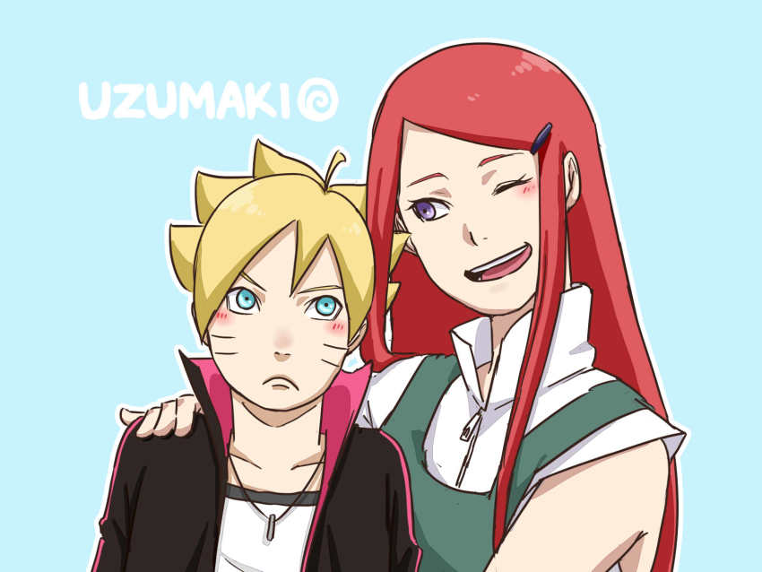 1boy, 1girl, :d, apron, bad_id, bad_pixiv_id, black_jacket, blonde_hair