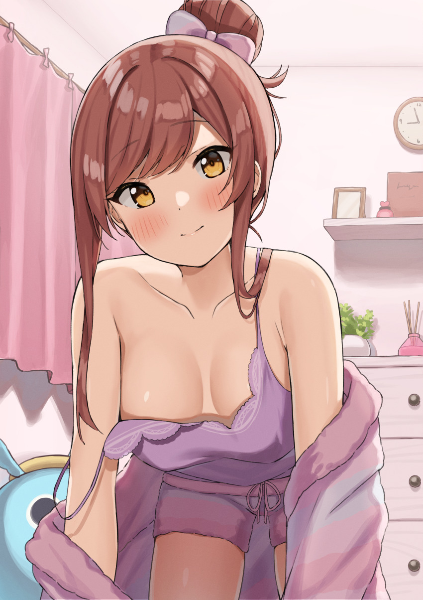 1girl, absurdres, all_fours, bare_shoulders, bedroom, blush, breasts, camisole, clock, collarbone, curtains, drawer, high_ponytail, highres, huge_filesize, idolmaster, idolmaster_shiny_colors, incense, indoors, looking_at_viewer, medium_breasts, osaki_amana, pajamas, picture_frame, plant, ponytail, potted_plant, red_hair, robe, shelf, sidelocks, sleepwear, smile, solo, strap_slip, striped_robe, wanitaroo._(waniwani_panic), yellow_eyes