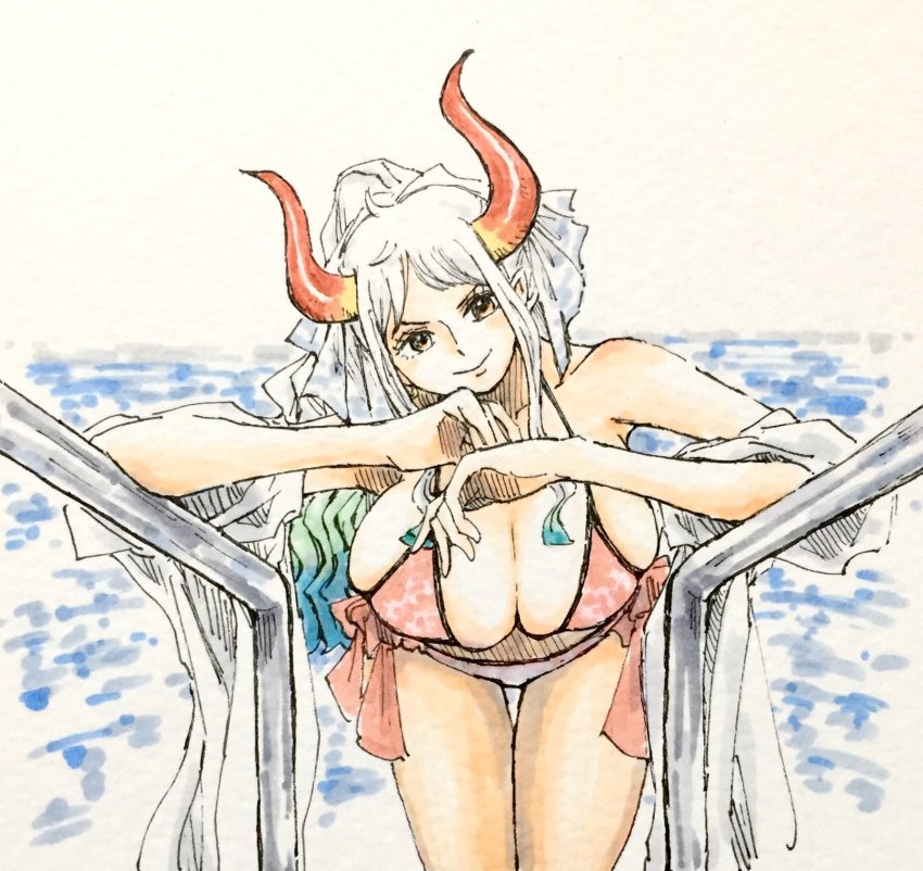 1girl, aqua_hair, bikini, breasts, brown_eyes, cleavage, closed_mouth, curled_horns, elbow_rest, gamenamepuipui, green_hair, hair_ornament, head_tilt, highres, horns, huge_breasts, leaning_forward, long_hair, multicolored_hair, multicolored_horns, one_piece, oni, pool_ladder, red_horns, shawl, sidelocks, skindentation, smile, solo, swimsuit, thigh_gap, very_long_hair, water, white_hair, yamato_(one_piece), yellow_horns