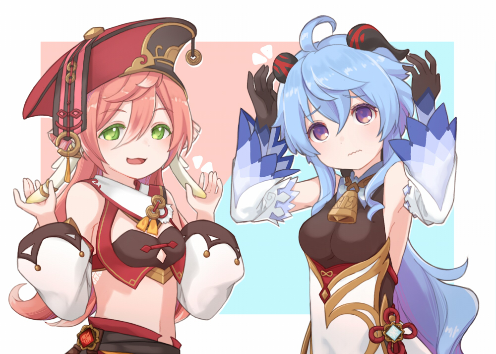 ahoge, antler_grab, antlers, bare_shoulders, bell, black_bra, black_gloves, blue_hair, bra, breasts, crop_top, detached_sleeves, ganyu_(genshin_impact), genshin_impact, gloves, gold_trim, green_eyes, horn_grab, horns, long_hair, looking_at_viewer, medium_breasts, neck_bell, open_mouth, pink_hair, purple_eyes, red_headwear, sidelocks, small_breasts, smile, smug, underwear, vision_(genshin_impact), wavy_mouth, white_sleeves, yanfei_(genshin_impact), yuzuki_(yuduame)