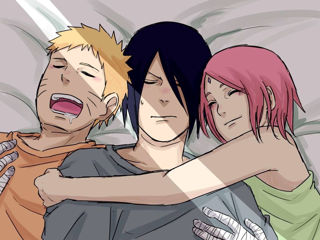 1girl, 2boys, :o, bad_id, bad_pixiv_id, bandages, bed, bed_sheet