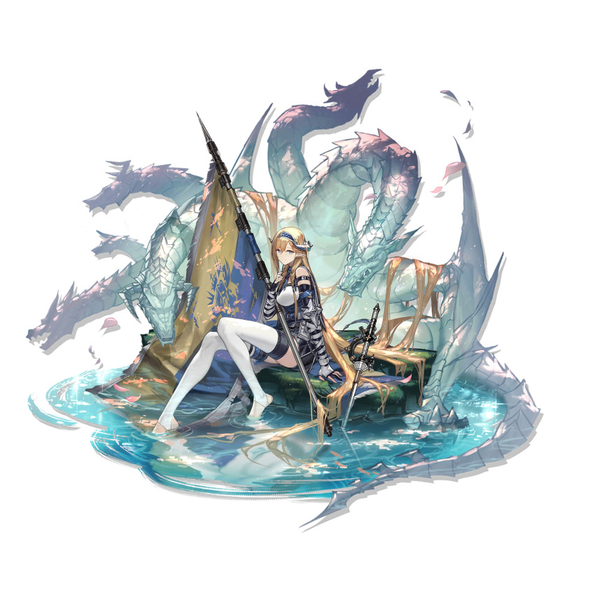 1girl, arknights, bare_shoulders, blonde_hair, blue_eyes, elite_ii_(arknights), fingerless_gloves, flag