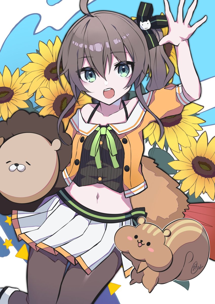 1girl, ahoge, aqua_eyes, black_camisole, black_pantyhose, black_ribbon, brown_hair, camisole