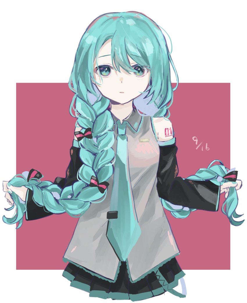 1girl, alternate_hairstyle, aqua_eyes, aqua_hair, aqua_nails, aqua_necktie, bare_shoulders, black_skirt, black_sleeves, bow, braid, cc_rock, commentary, cropped_torso, dated, detached_sleeves, grey_shirt, hair_bow, hatsune_miku, highres, holding, holding_own_hair, long_hair, looking_at_viewer, miniskirt, nail_polish, necktie, parted_lips, pleated_skirt, shirt, shoulder_tattoo, skirt, sleeveless, sleeveless_shirt, solo, striped_bow, tattoo, twin_braids, upper_body, very_long_hair, vocaloid