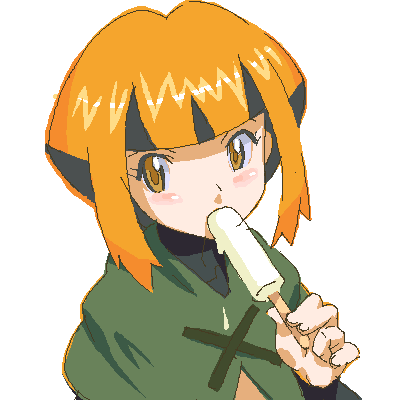 1girl, 2008, black_hair, blush_stickers, bob_cut, capelet, eating, food, gardenia_(pokemon), ice_cream, looking_to_the_side, lowres, multicolored_hair, nintendo, orange_eyes, orange_hair, pokemon, pokemon_diamond/pearl/platinum, sakenotorii, short_hair, solo, two-tone_hair, white_background