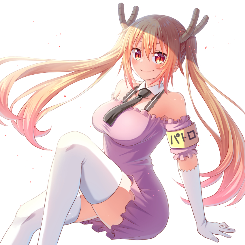 1girl, absurdres, armband, black_necktie, blonde_hair, blush, breasts, closed_mouth