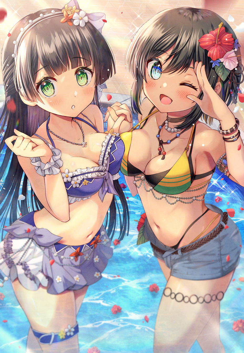 2girls, :o, ;d, akashi_maho, armlet, armpits, bare_shoulders, bikini