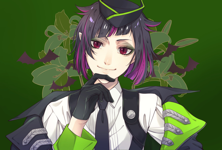 1boy, androgynous, bat_(animal), bat_background, black_gloves, black_hair, black_hat, black_jacket, blunt_bangs, closed_mouth, eyeshadow, floral_background, gloves, green_background, green_jacket, hand_up, hat, highres, jacket, katena_souka, lilia_vanrouge, looking_at_viewer, makeup, male_focus, multicolored_hair, multicolored_jacket, necktie, off_shoulder, purple_eyes, purple_hair, shirt, short_hair, smile, solo, thinking, twisted_wonderland, two-tone_hair, two-tone_jacket, upper_body, white_shirt