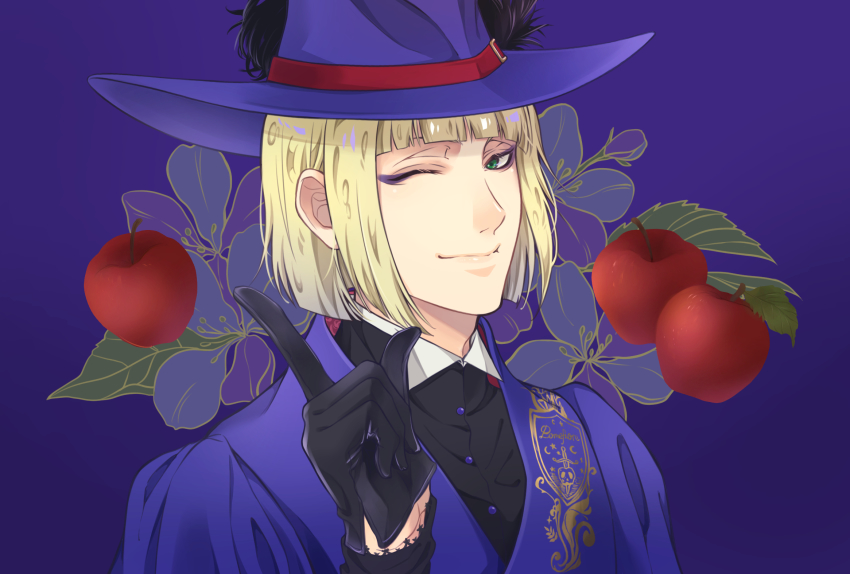 1boy, apple, black_gloves, black_shirt, blonde_hair, closed_mouth, eyeliner, floral_background