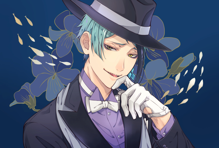 1boy, black_hair, black_jacket, blue_background, blue_hair, bow, bowtie, brown_eyes, earrings, eyeshadow, fish_background, floral_background, formal_clothes, gloves, hand_on_own_face, heterochromia, highres, jacket, jade_leech, jewelry, katena_souka, light_blue_hair, looking_at_viewer, makeup, male_focus, multicolored_hair, purple_shirt, sharp_teeth, shirt, short_hair, single_earring, smile, solo, teeth, twisted_wonderland, two-tone_hair, upper_body, white_bow, white_bowtie, white_gloves, yellow_eyes