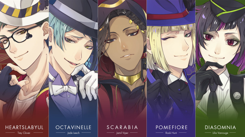 5boys, black_eyes, black_gloves, black_hair, blonde_hair, blue_hair, bow, bowtie