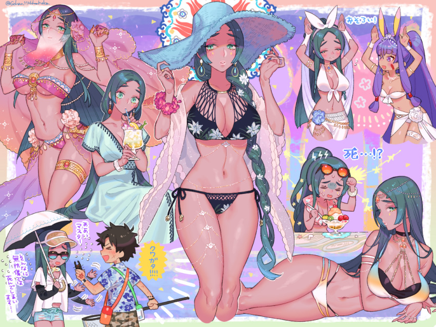 1boy, 2girls, alternate_costume, bikini, black_bikini, black_hair, blue_dress, blue_headwear