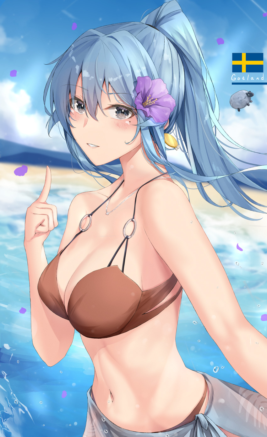1girl, bare_arms, bare_shoulders, beach, bikini, blue_hair, blue_sky, breasts