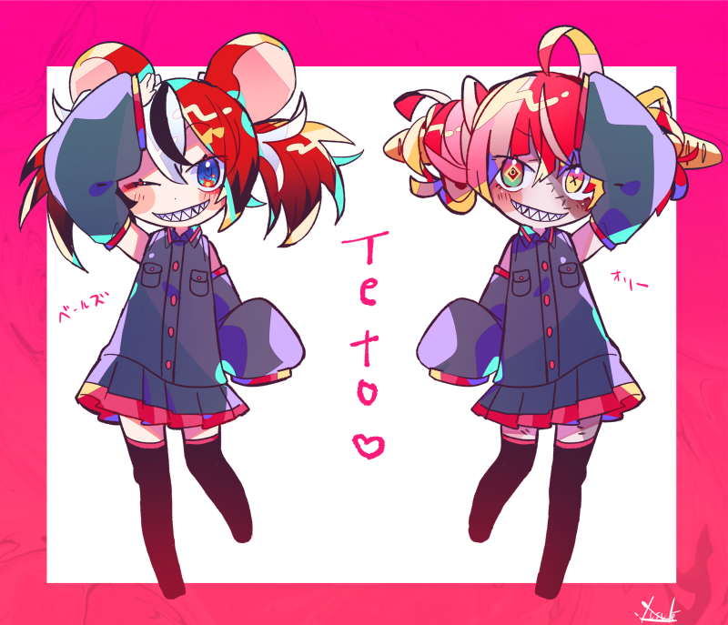 2girls, ahoge, animal_ears, black_hair, blush, boots, chibi, cosplay, detached_sleeves, double_bun, grey_hair, grey_shirt, grey_skirt, hair_bun, hakos_baelz, hololive, hololive_english, hololive_indonesia, kasane_teto, kasane_teto_(cosplay), kasane_teto_(utau), kureiji_ollie, mouse_ears, mouse_girl, multicolored_hair, multiple_girls, one_eye_closed, pink_hair, red_eyes, red_hair, sharp_teeth, shirt, skirt, sleeveless, sleeveless_shirt, sleeves_past_fingers, sleeves_past_wrists, smile, stitched_face, stitches, teeth, thigh_boots, thighhighs, utau, virtual_youtuber, white_hair, yellow_eyes, yuusuke-kun, zombie