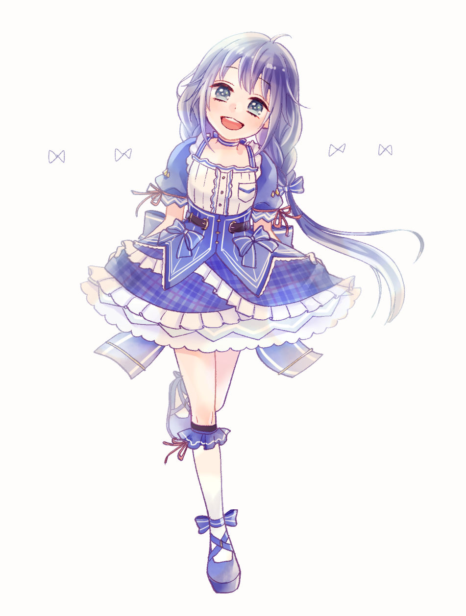 1girl, blue_bow, blue_dress, blue_footwear, blue_hair, blush, bow, dress