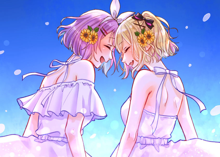 2girls, ^_^, backless_dress, backless_outfit, blonde_hair, blush, bow, closed_eyes, dress, eto_(etupirkadr), fang, flower, frilled_dress, frills, hair_flower, hair_ornament, heads_together, iris_black_games, kurumi_noah, multiple_girls, nijisanji, nijisanji_kr, nun_bora, off-shoulder_dress, off_shoulder, open_clothes, purple_hair, short_hair, skin_fang, sky, smile, sunflower, virtual_youtuber, vspo!, white_bow, white_dress
