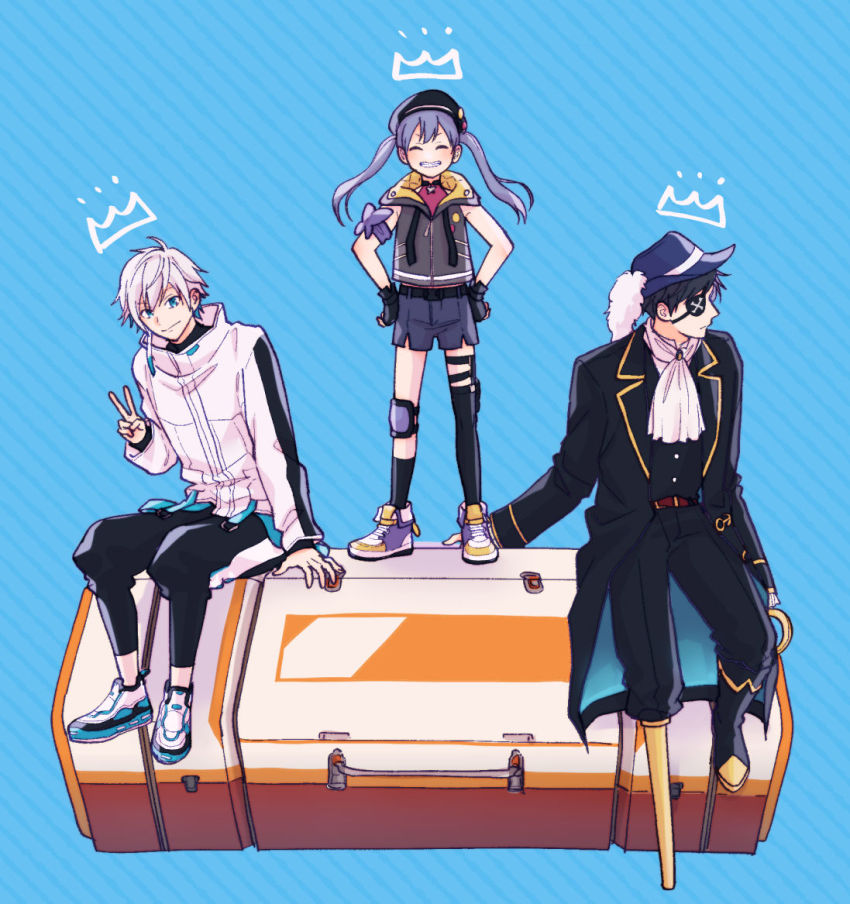 1girl, 2boys, ^_^, apex_legends, beret, black_headwear, black_jacket, blue_background
