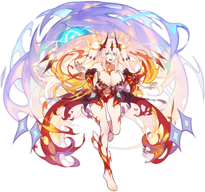 1girl, :d, aqua_eyes, ark_order, bare_legs, bare_shoulders, blue_fire, breasts