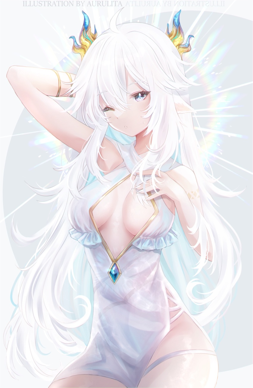 1girl, ahoge, arm_up, artist_name, blue_eyes, bracelet, breasts, cleavage