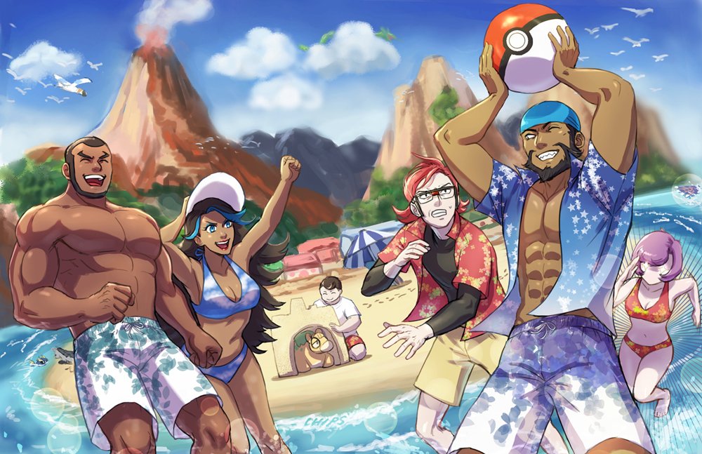 2girls, 4boys, :d, abs, alternate_costume, archie_(pokemon), arms_up, ball