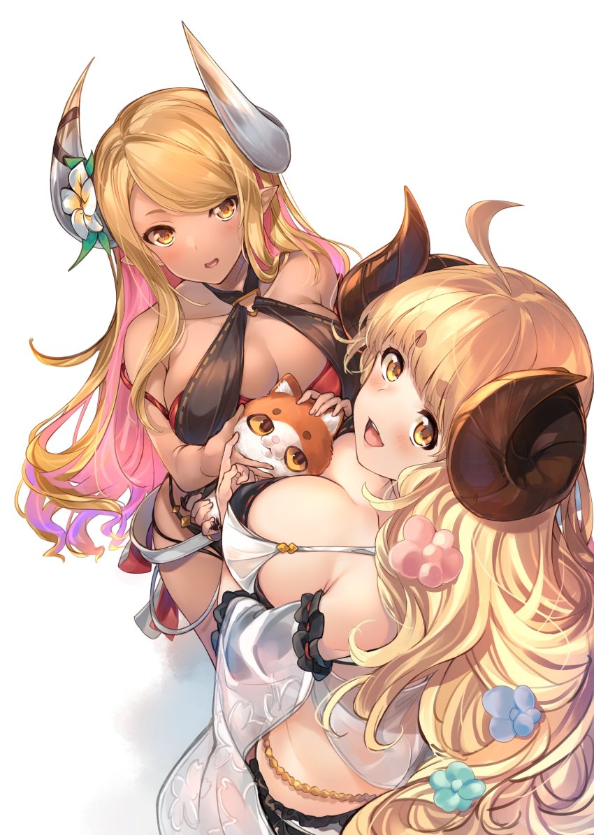 2girls, absurdres, ahoge, anila_(granblue_fantasy), anila_(summer)_(granblue_fantasy), bikini, blonde_hair, blush, breasts, butt_crack, cleavage, commentary_request, cowboy_shot, dark-skinned_female, dark_skin, draph, eyebrows_hidden_by_hair, from_above, gradient_hair, granblue_fantasy, highres, horn_ornament, horn_ribbon, horns, kumbhira_(granblue_fantasy), kumbhira_(summer)_(granblue_fantasy), large_breasts, layered_bikini, long_hair, looking_at_viewer, mayusaki_yuu, multicolored_hair, multiple_girls, open_mouth, owlcat, pointy_ears, post_guild_war_celebration, ribbon, sheep_horns, short_eyebrows, standing, swept_bangs, swimsuit, thick_eyebrows, wavy_hair, white_background, yellow_eyes