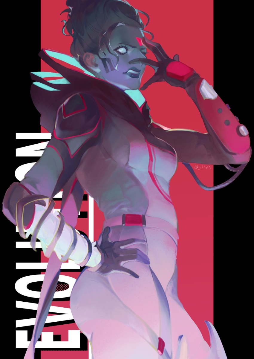 1girl, apex_legends, beehive_hairdo, black_gloves, blue_bodysuit, blue_hair, blue_lips, blue_skin