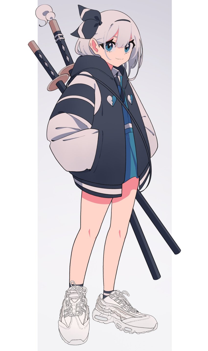 1girl, air_max_95, ankle_socks, ascot, bad_id, bad_twitter_id, black_ascot, black_hairband