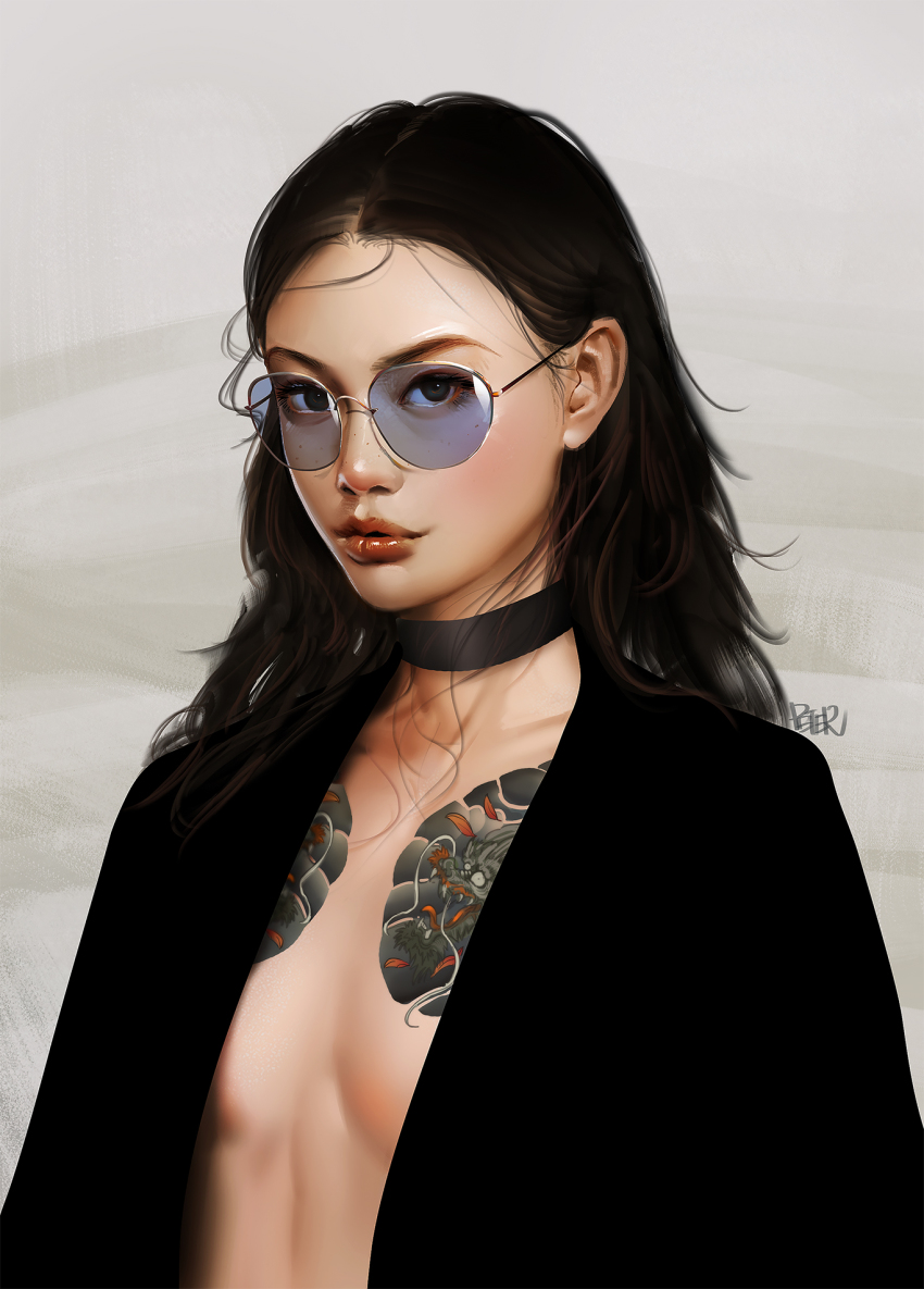 1girl, artist_name, black-framed_eyewear, black_choker, brown_eyes, brown_hair, chest_tattoo, choker