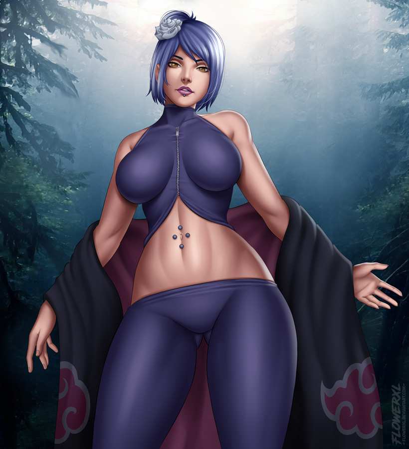 1girl, akatsuki_(naruto), akatsuki_uniform, bare_shoulders, blue_hair, breasts, coat, eyeshadow