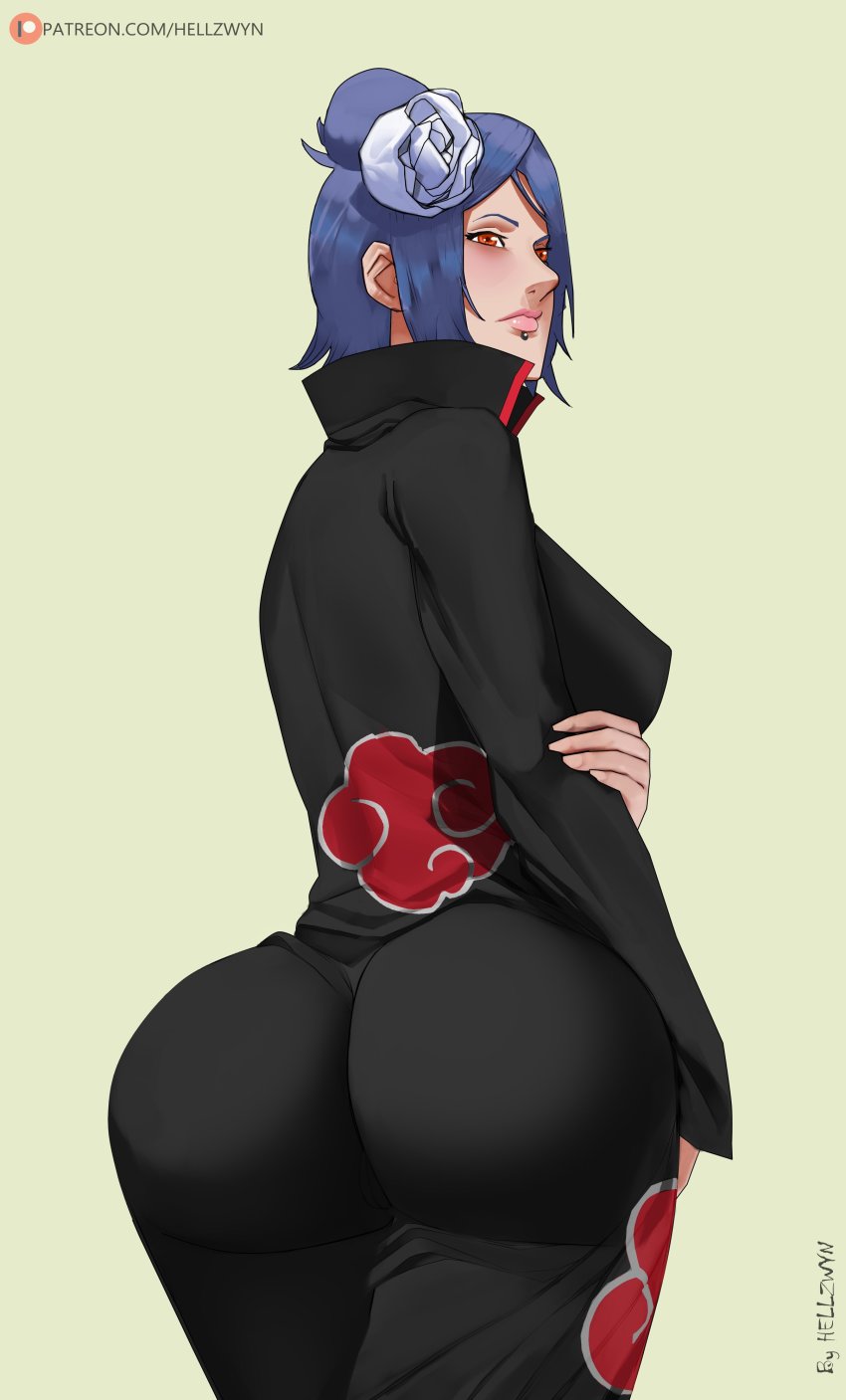1girl, absurdres, akatsuki_(naruto), akatsuki_uniform, ass, black_coat, blue_hair, breasts