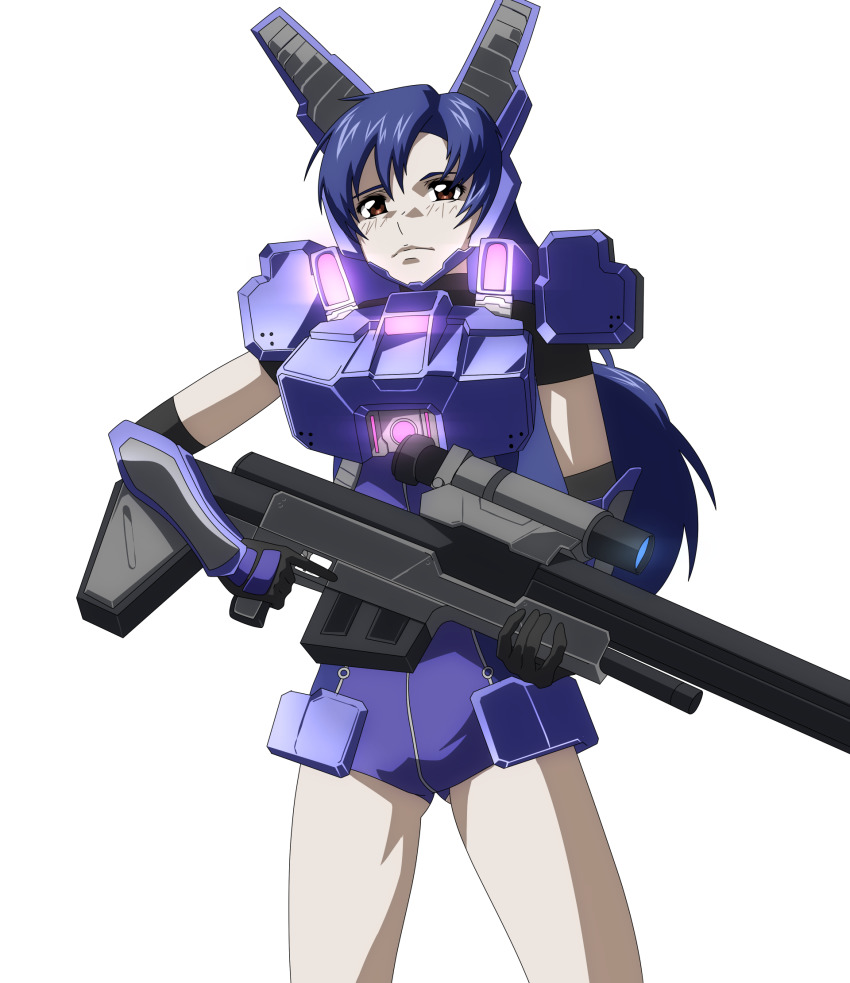 1girl, black_gloves, blue_hair, blue_leotard, brown_eyes, elbow_gloves, expressionless, gloves