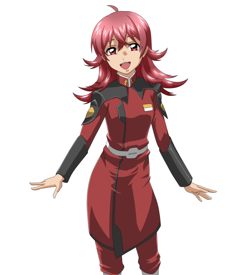 1girl, cowlick, gundam, gundam_seed, highres, hirai_hisashi_(style), idolmaster, idolmaster_shiny_colors, jacket, jurarumin_hrairoo, komiya_kaho, looking_at_viewer, medium_hair, military, military_uniform, open_hands, open_mouth, pants, parody, red_eyes, red_hair, red_jacket, red_pants, smile, solo, style_parody, transparent_background, white_background