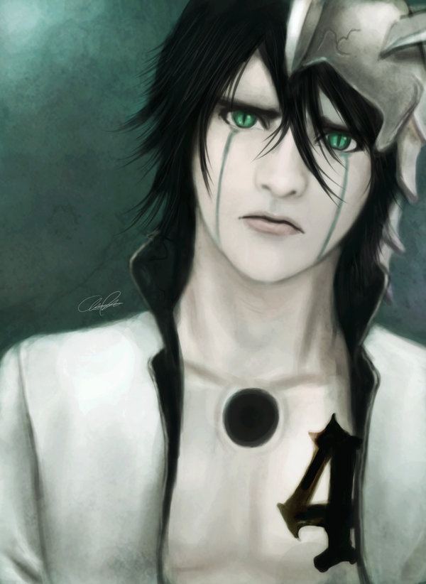 00s, 1boy, arrancar, black_hair, bleach, colored_skin, expressionless, facial_mark, green_eyes, hair_between_eyes, lips, male_focus, number_tattoo, skull, slit_pupils, solo, tattoo, ulquiorra_cifer, white_skin, zamboze