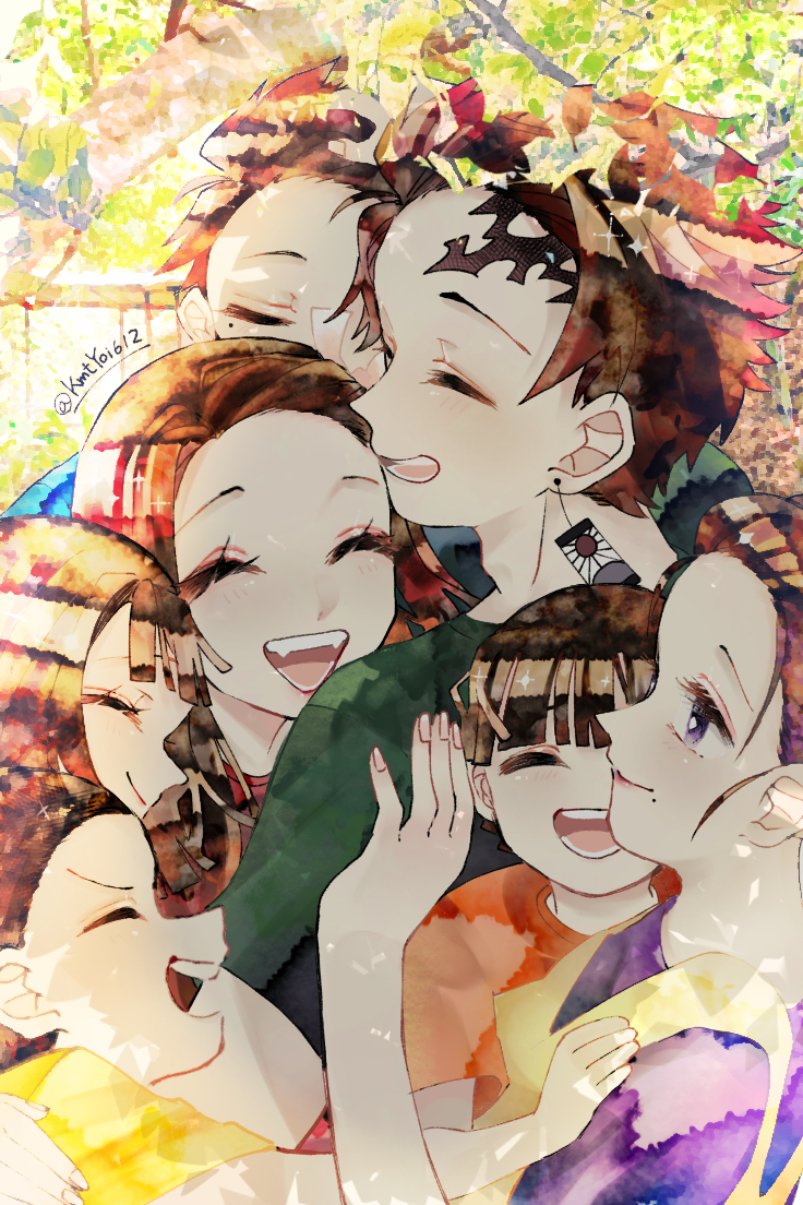 3girls, 4boys, bad_id, bad_pixiv_id, blush, closed_eyes, earrings, fangs