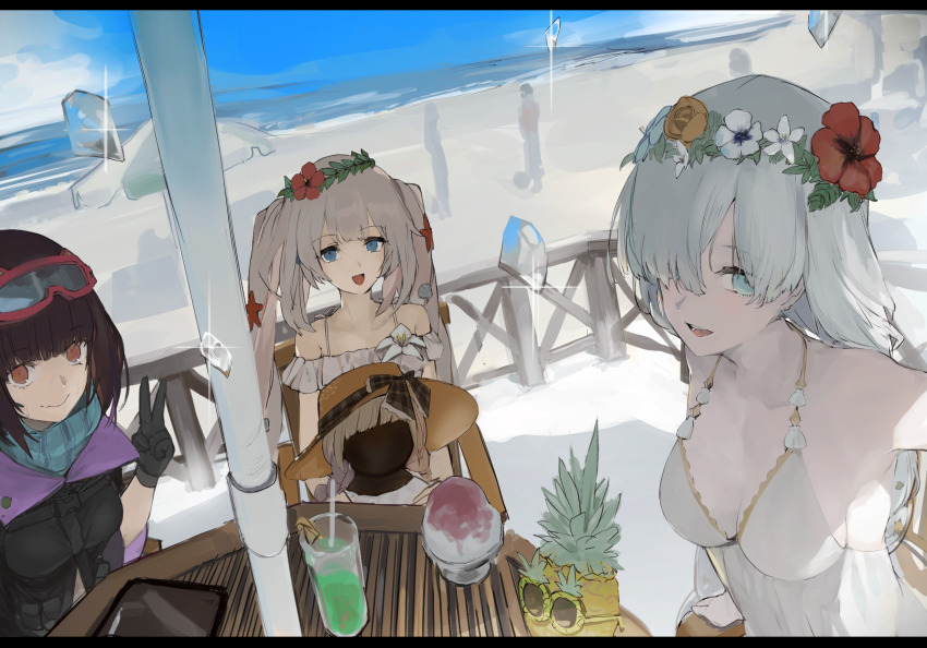 3girls, anastasia_(fate), anastasia_(swimsuit_archer)_(second_ascension)_(fate), bare_shoulders, beach, black_gloves, black_jacket, blue_eyes