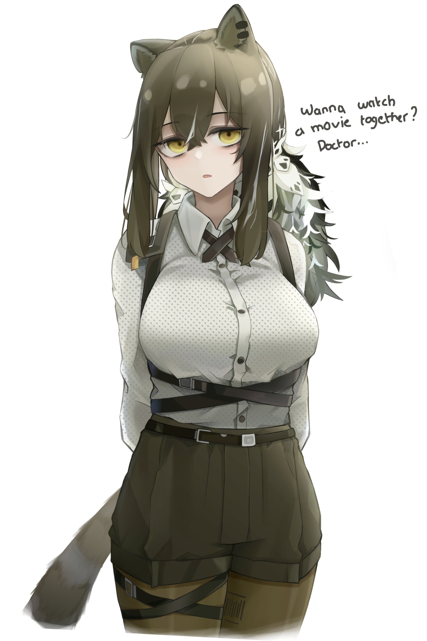 1girl, absurdres, animal_ears, animal_hands, arknights, arms_behind_back, bags_under_eyes, black_hair