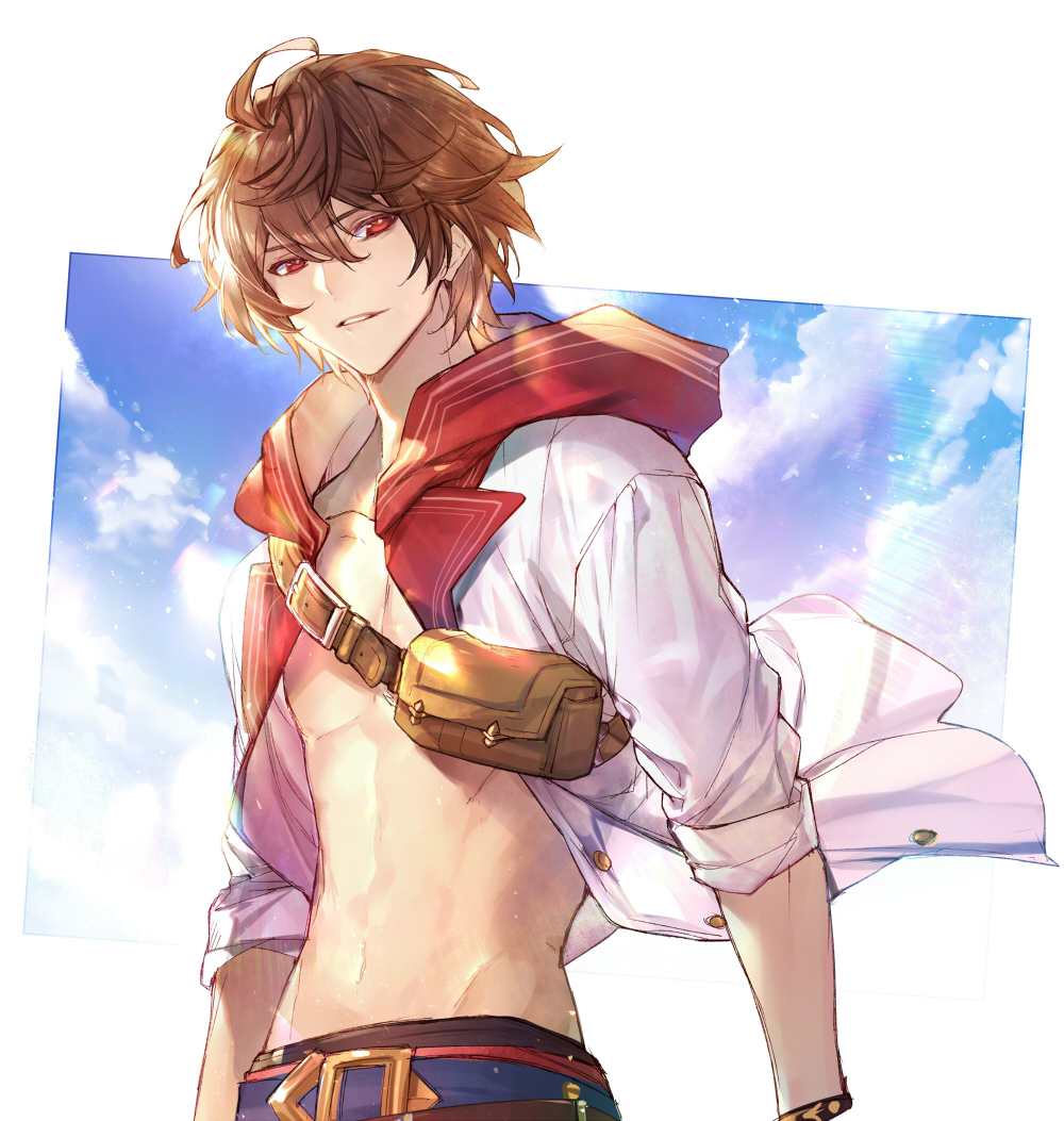 1boy, achan_(blue_semi), ahoge, belt, belt_buckle, brown_hair, buckle, cloud