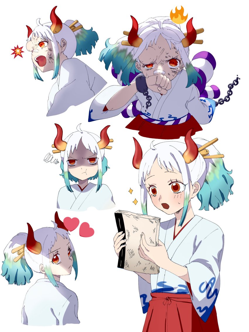 1girl, :t, absurdres, aged_down, ahoge, aqua_hair, awaji_masaru, chain, child, closed_mouth, cuffs, curled_horns, green_hair, hair_ornament, hair_stick, hakama, heart, high_ponytail, highres, holding, horns, injury, japanese_clothes, kimono, long_hair, long_sleeves, looking_at_object, looking_at_viewer, multicolored_hair, multicolored_horns, multiple_expressions, multiple_views, one_piece, oni, open_mouth, ponytail, pout, red_eyes, red_horns, rope, scratches, shackles, shaded_face, shimenawa, squiggle, surprised, sweat, tearing_up, white_hair, wide_sleeves, yamato_(one_piece), yellow_horns