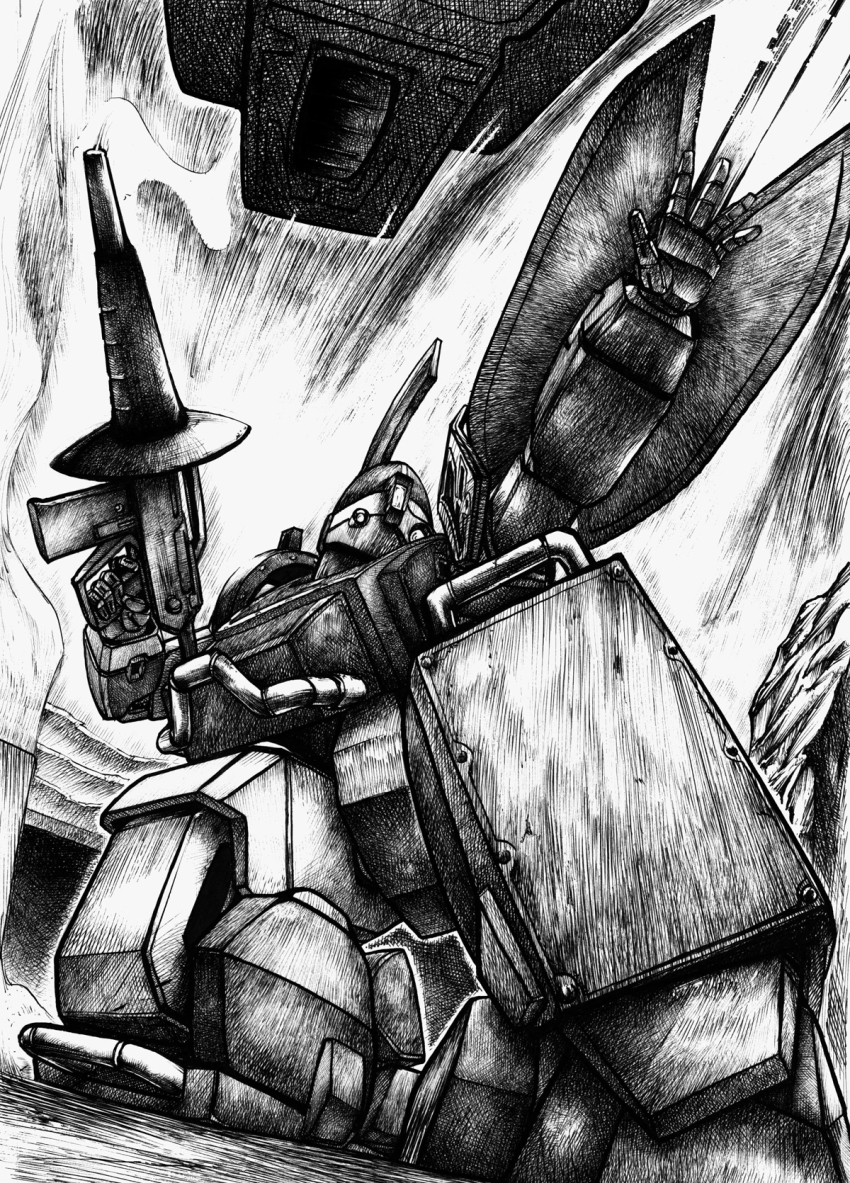 berserga, gun, highres, kneeling, mecha, monochrome, no_humans, robot