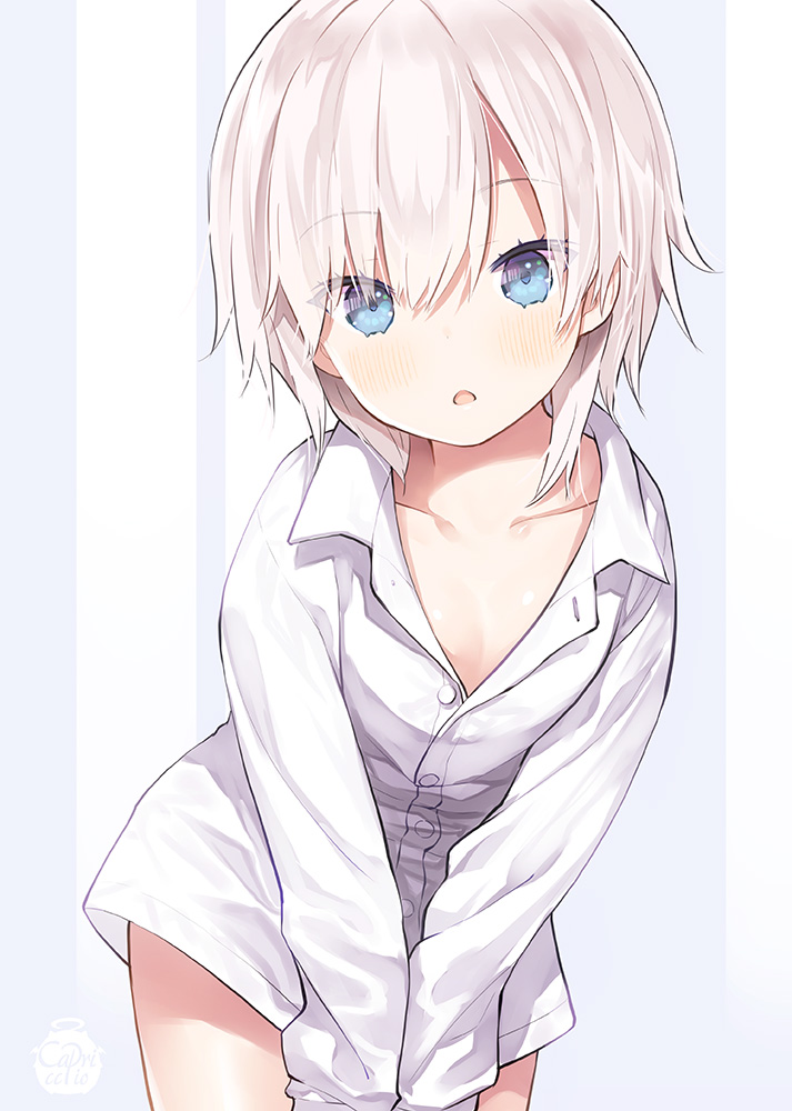 1girl, :o, blue_eyes, blush, capriccio, collarbone, commentary, dress_shirt, eyes_visible_through_hair, hair_between_eyes, kapu_rinko, long_sleeves, looking_at_viewer, no_pants, open_mouth, original, shirt, short_hair, solo, v_arms, white_hair, white_shirt