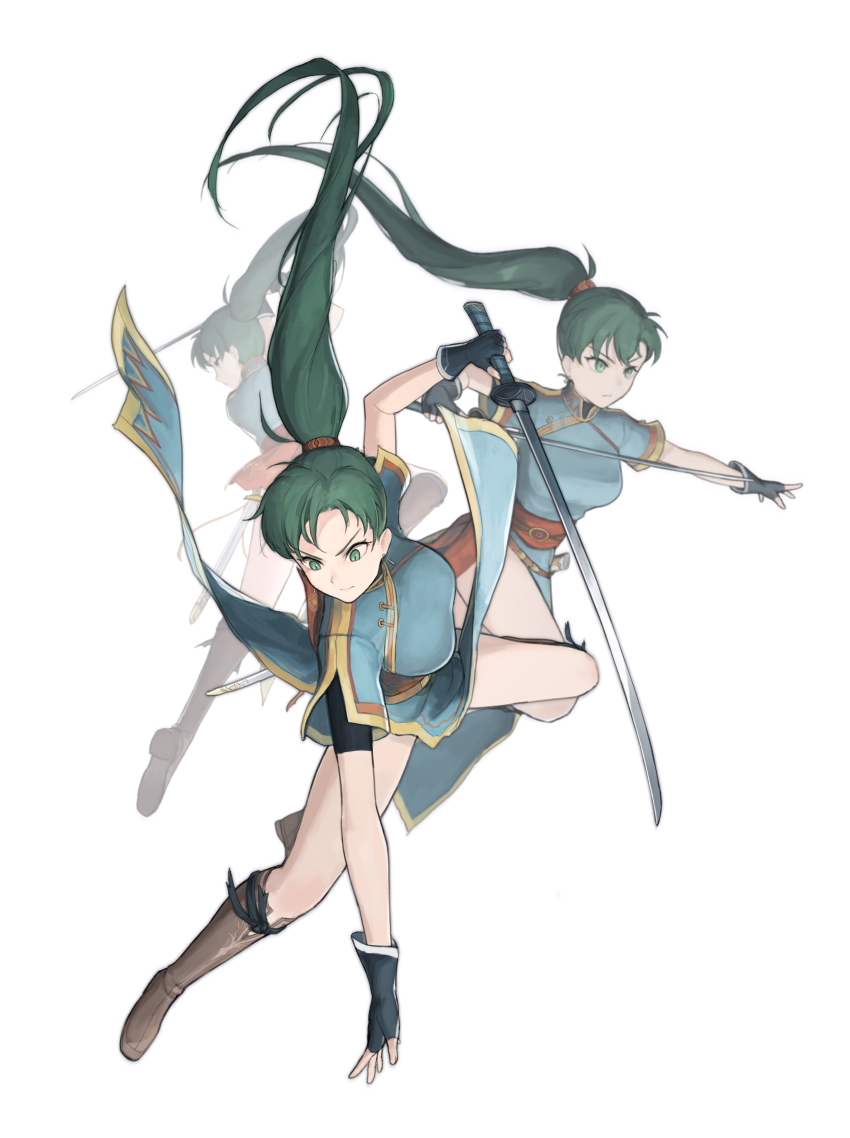 1girl, absurdres, afterimage, blue_dress, boots, dress, fingerless_gloves, fire_emblem