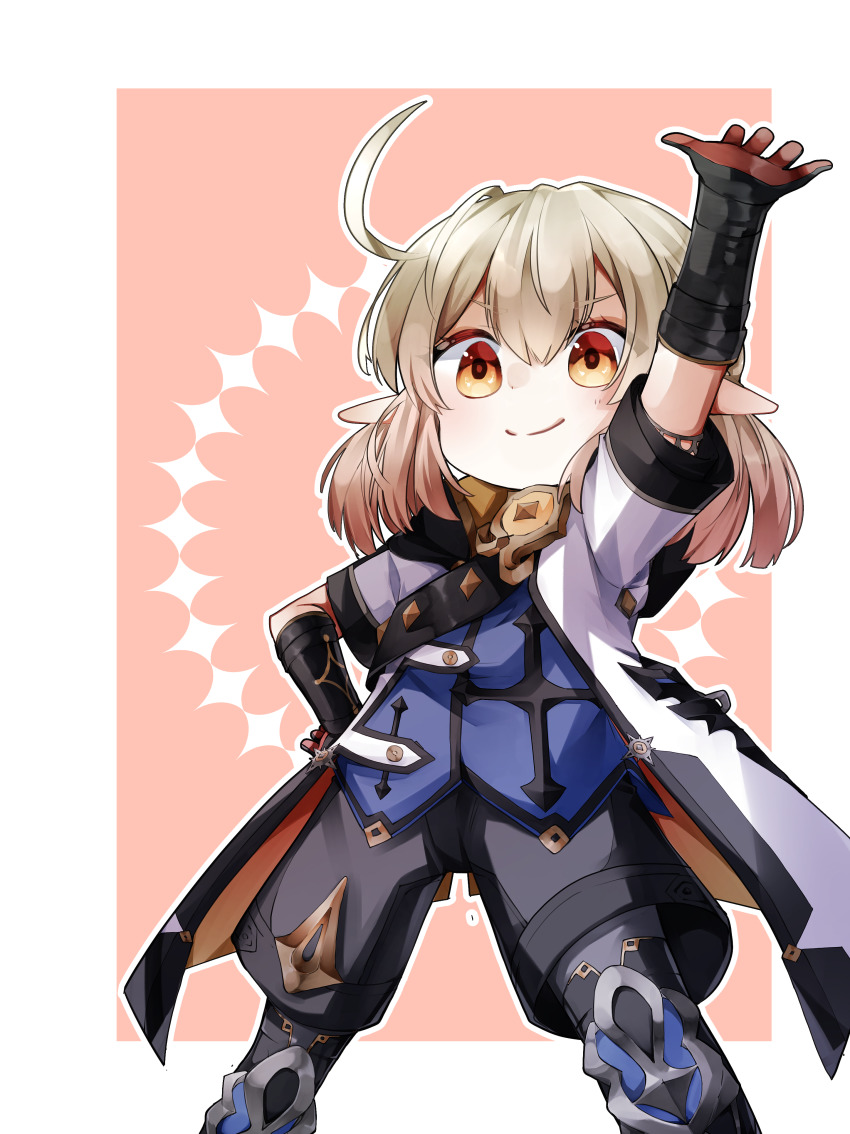 >:), 1girl, absurdres, ahoge, albedo_(genshin_impact), albedo_(genshin_impact)_(cosplay), alternate_costume, arm_up, belt, black_boots, black_sword, boots, commentary_request, cosplay, crossdressing, crossdressing_(ftm), from_below, genshin_impact, gloves, hair_between_eyes, hand_on_own_hip, highres, hood, hooded_coat, klee_(genshin_impact), light_brown_hair, long_hair, looking_at_viewer, orange_eyes, pointy_ears, short_sleeves, sidelocks, simple_background, smile, solo, thigh_boots, thighhighs, two-tone_gloves, usako_(usako1031), v-shaped_eyebrows