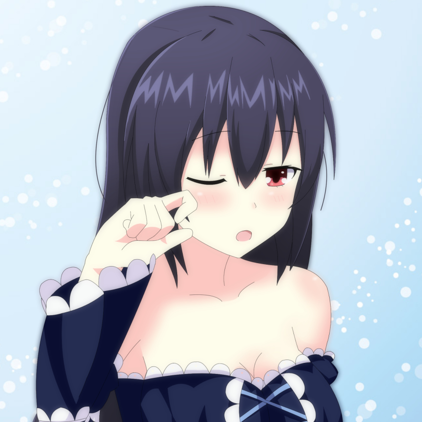 bare_shoulders, black_hair, breasts, cleavage, highres, long_hair, medium_breasts, mirroa1015