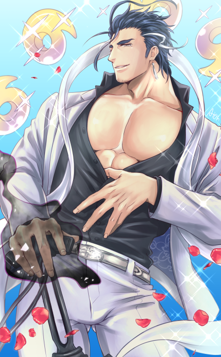 1boy, abs, aion_kiu, aura, bara, belt, black_shirt, blue_hair
